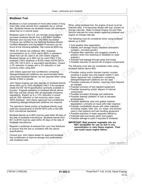 John Deere 4.5L, 6.8L, PowerTech 4.5L & 6.8L Diesel Engines biodiesel fuel requirements, usage, and maintenance guide.