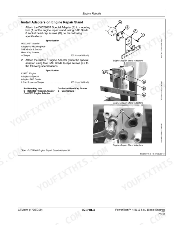 John Deere 4.5L, 6.8L, PowerTech 4.5L & 6.8L Diesel Engines: procedure to install engine repair stand adapters.