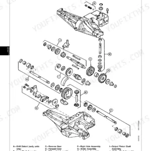 John Deere RX63, RX73, TX75, SX75, RX95, SX95 exploded view diagram of the transaxle assembly and internal components.