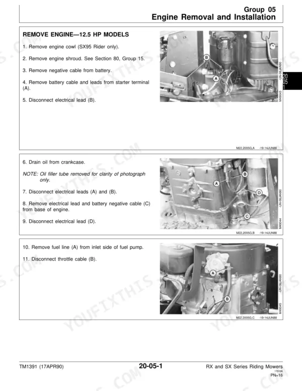 John Deere RX63, RX73, TX75, SX75, RX95, SX95 engine removal and installation procedure for 12.5 HP models.