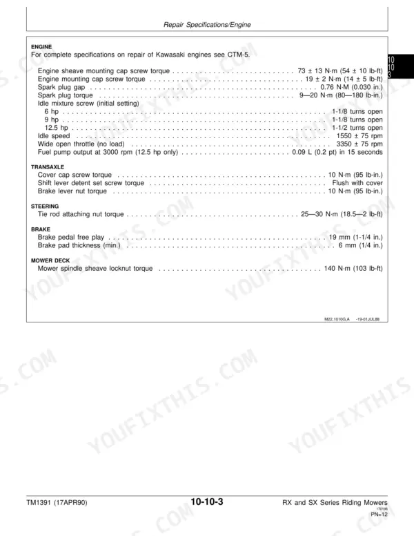 John Deere RX63, RX73, TX75, SX75, RX95, SX95 engine, transaxle, steering, brake, and mower deck repair specifications.