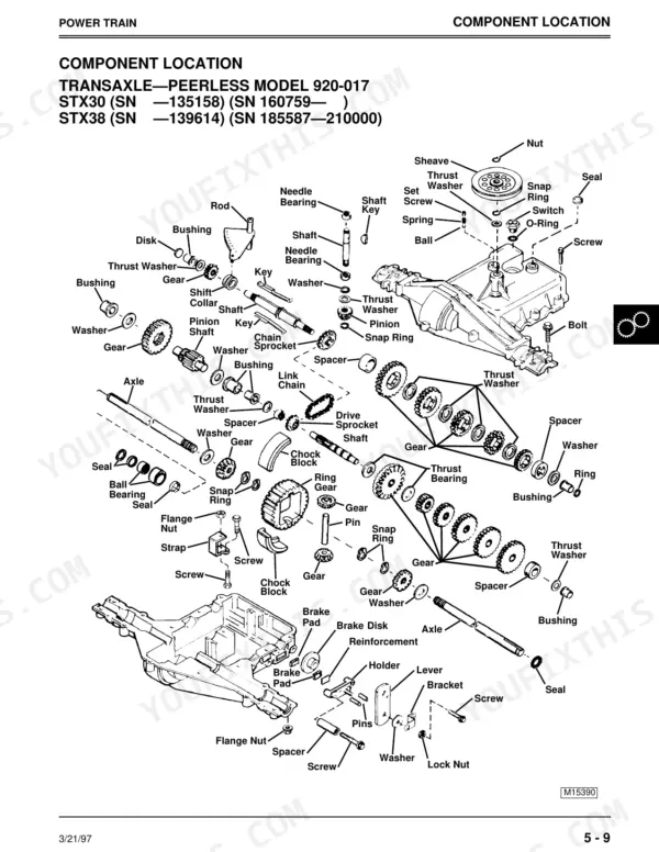 John Deere STX30, STX38, STX46 exploded view of Peerless 920-017 transaxle components and internal gear assembly.