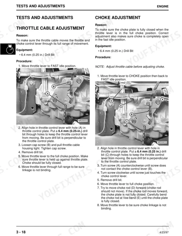John Deere STX30, STX38, STX46 throttle cable and choke adjustment procedures with component diagrams.