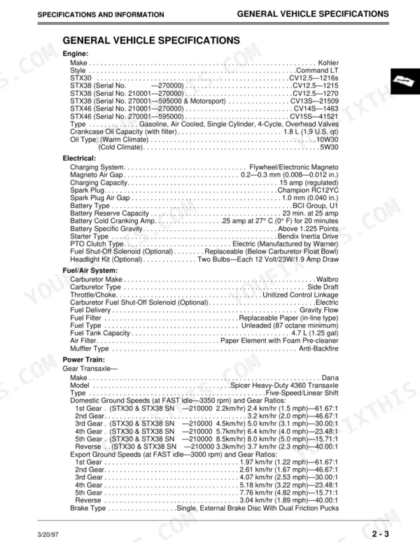 John Deere STX30, STX38, STX46 general vehicle specifications table including engine, electrical, fuel, and power train data.