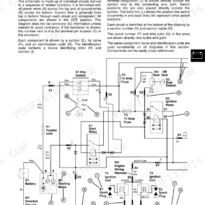 John Deere STX30, STX38, STX46 electrical schematic showing battery, ignition relay, start relay, and engine wiring harness.