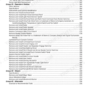Contents page of the John Deere combine electrical section, listing cab and HID lighting procedures.
