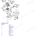 John Deere X115R, X135R, X155R, 92H, 107H exploded view diagram for single cylinder carburetor assembly and components.