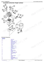 john-deere-x115r-to-107h-lawn-tractors-technical-manual-tm113419-exploded-view-53.webp John Deere X115R, X135R, X155R, 92H, 107H exploded view diagram for single cylinder carburetor assembly and components.