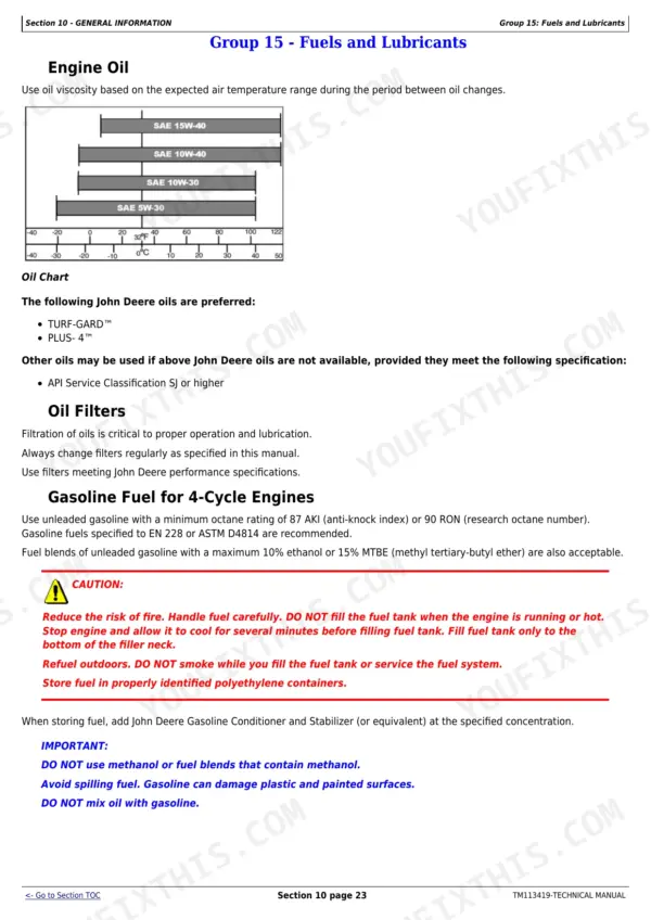 John Deere X115R, X135R, X155R, 92H, 107H engine oil viscosity chart, fuel requirements, and safety precautions.