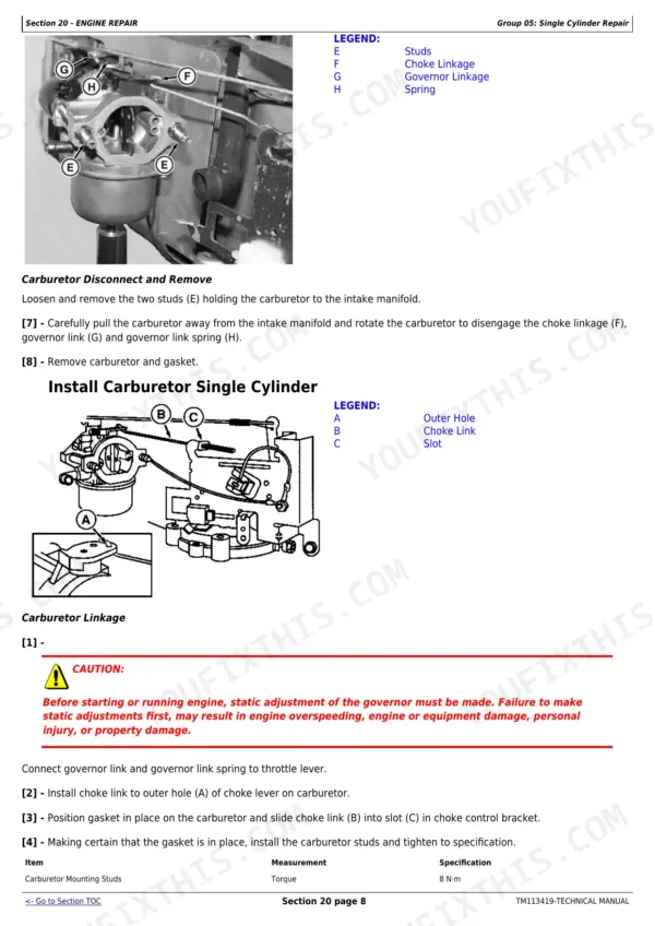 John Deere X115R, X135R, X155R, 92H, 107H carburetor removal and installation procedure with linkage diagrams.