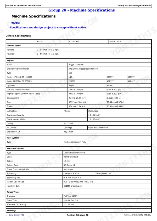 John Deere X115R, X135R, X155R, 92H, 107H machine specifications table for engine, fuel, electrical, and power train.