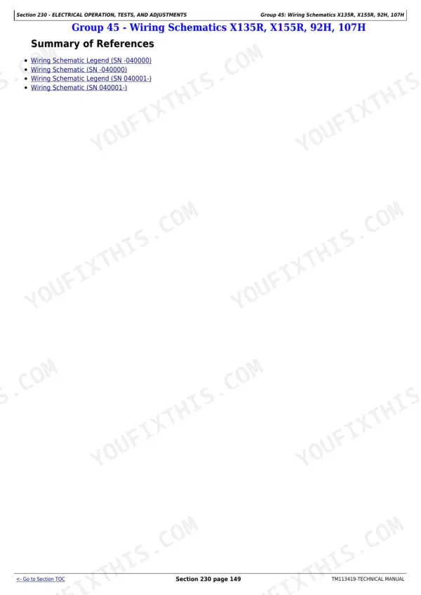 John Deere X115R, X135R, X155R, 92H, 107H wiring schematic reference list for serial numbers before and after 040000.