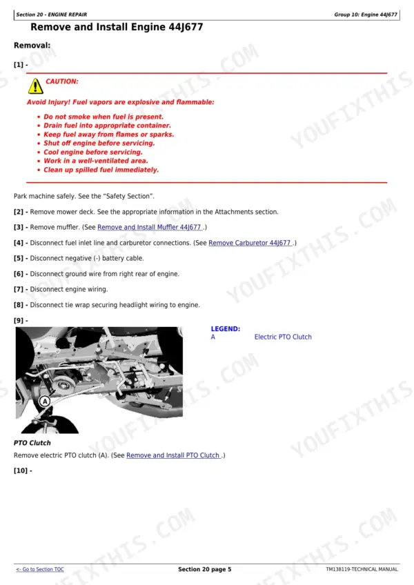 John Deere X330-X394 engine 44J677 removal procedure steps, including electric PTO clutch diagram and safety warnings.