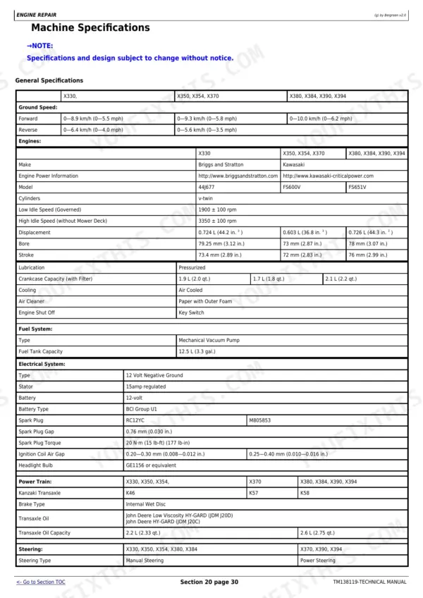 John Deere X330, X350, X354, X370, X380, X384, X390, X394 technical manual general machine specifications table.