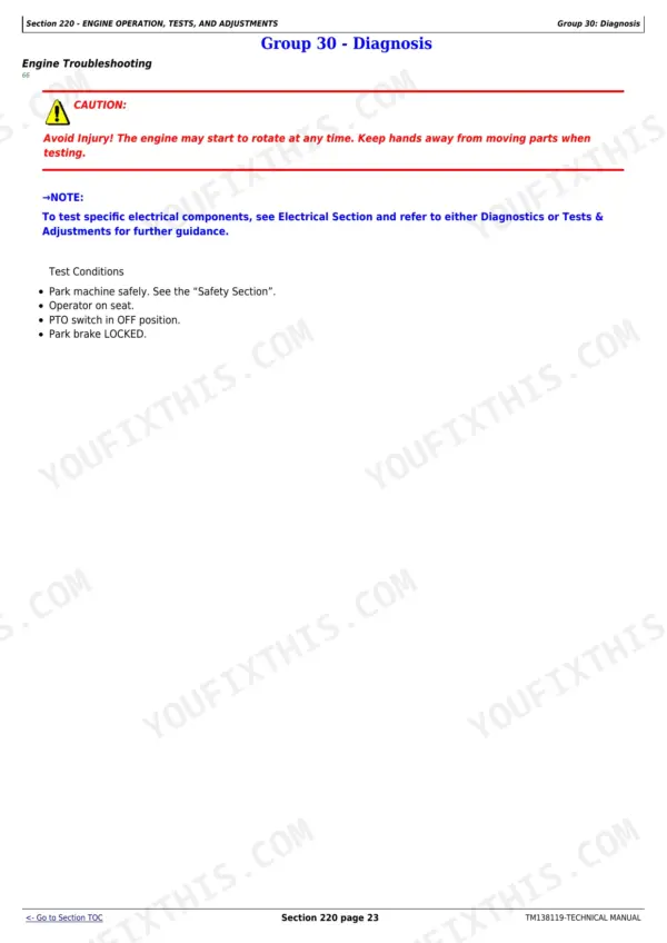 John Deere X330, X350, X354, X370, X380, X384, X390, X394 engine troubleshooting safety and test conditions page.