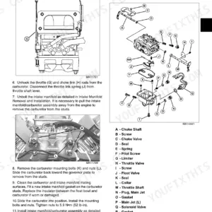 John Deere X465, X475, X485, X575, X585 carburetor disassembly and assembly exploded view and repair procedures.