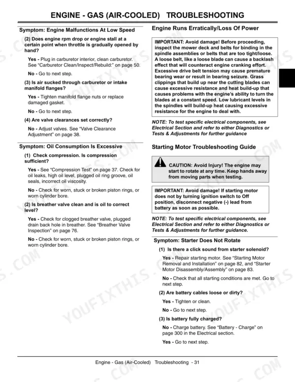John Deere X465, X475, X485, X575, X585 gas engine troubleshooting guide for engine performance, oil consumption, and starter issues.