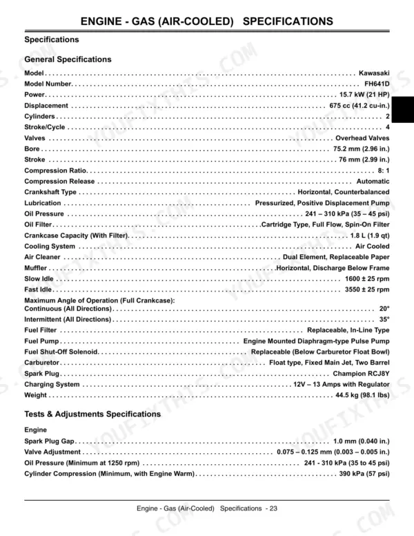 John Deere X465, X475, X485, X575, X585 Kawasaki FH641D air-cooled engine general and adjustment specifications table.