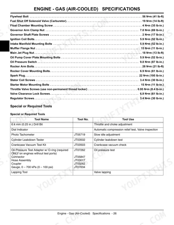 John Deere X465, X475, X485, X575, X585 air-cooled engine torque specifications table and required service tools list.