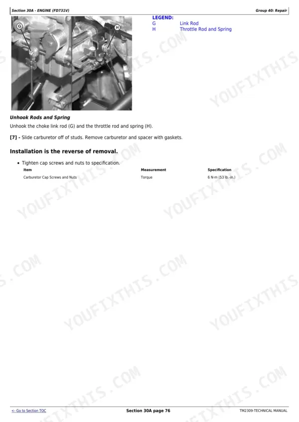 John Deere X500 technical repair manual - Engine (FD731V) (Section 30A), Section 30A - ENGINE (FD731V)