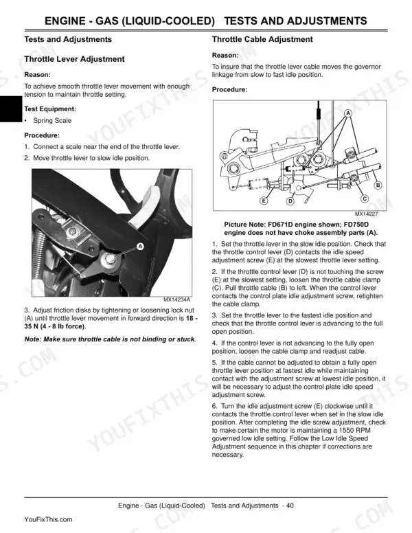 John Deere X700, X720, X724, X728 throttle lever and cable adjustment procedures with diagrams for liquid-cooled gas engines.