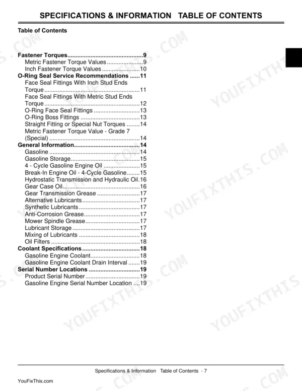 John Deere X700, X720, X724, X728 Specifications and Information Table of Contents for torques, fluids, and serial numbers