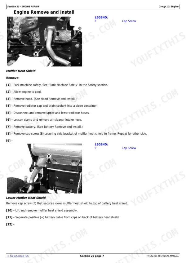 John Deere X710, X730, X734, X738, X739 engine muffler heat shield removal and installation procedure steps.