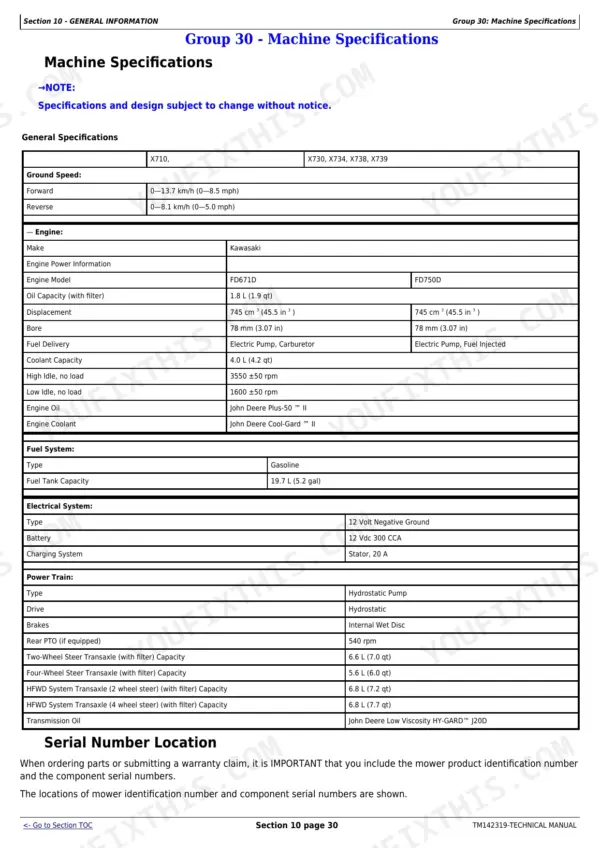 John Deere X710, X730, X734, X738, X739 machine specifications table covering engine, fuel, electrical, and power train data.