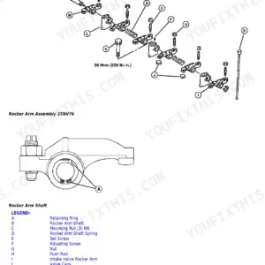 John Deere X740, X744, X748, X749 exploded view of 3TNV76 diesel engine rocker arm assembly and shaft components.