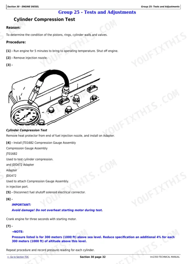 John Deere X740, X744, X748, X749 cylinder compression test procedure with gauge assembly diagram and tool list.