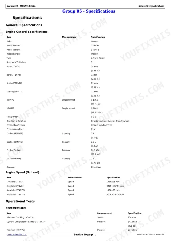 John Deere X740, X744, X748, X749 engine general specifications, idle speed, and operational test data table.