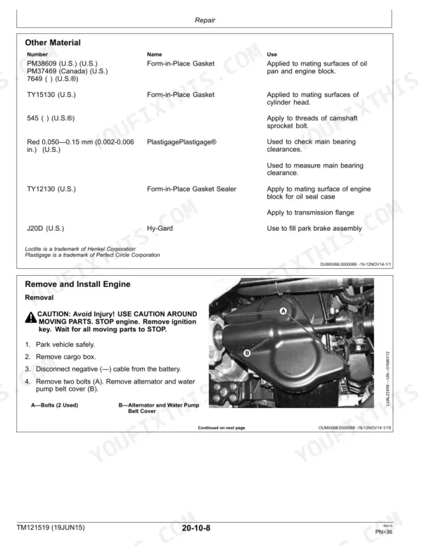 John Deere XUV Gator 825i S4 engine removal procedure and table of required sealants and gasket materials.