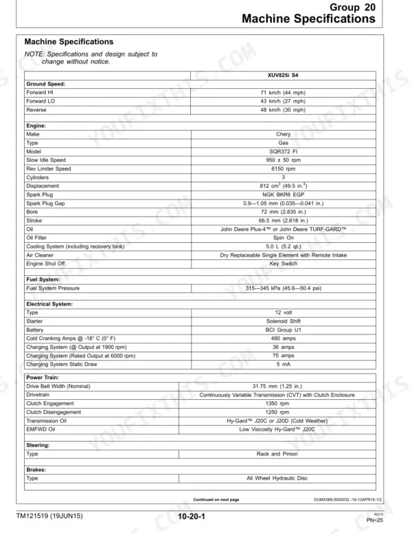 John Deere XUV Gator 825i S4 machine specifications table for engine, fuel, electrical, power train, steering, and brakes.