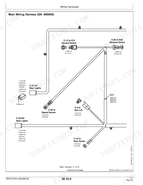 John Deere XUV Gator 825i S4 main wiring harness diagram showing rear lights, speed sensor, neutral and reverse switches.