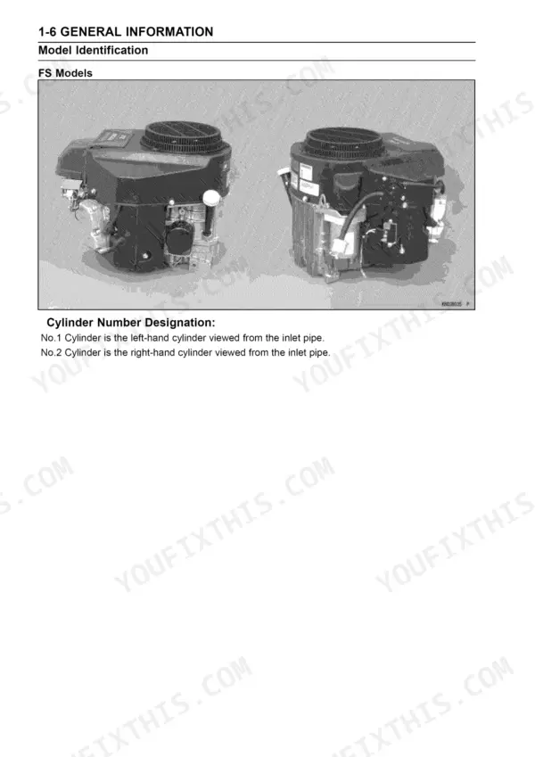 Kawasaki FR651V, FR691V, FR730V, FS651V, FS691V, FS730V, FX651V, FX691V, FX730V FS model identification and cylinder designation.