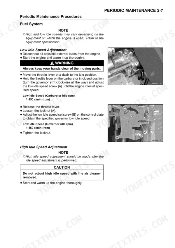 Kawasaki FR651V, FR691V, FR730V, FS651V, FS691V, FS730V, FX651V, FX691V, FX730V low idle speed adjustment procedure and diagrams.