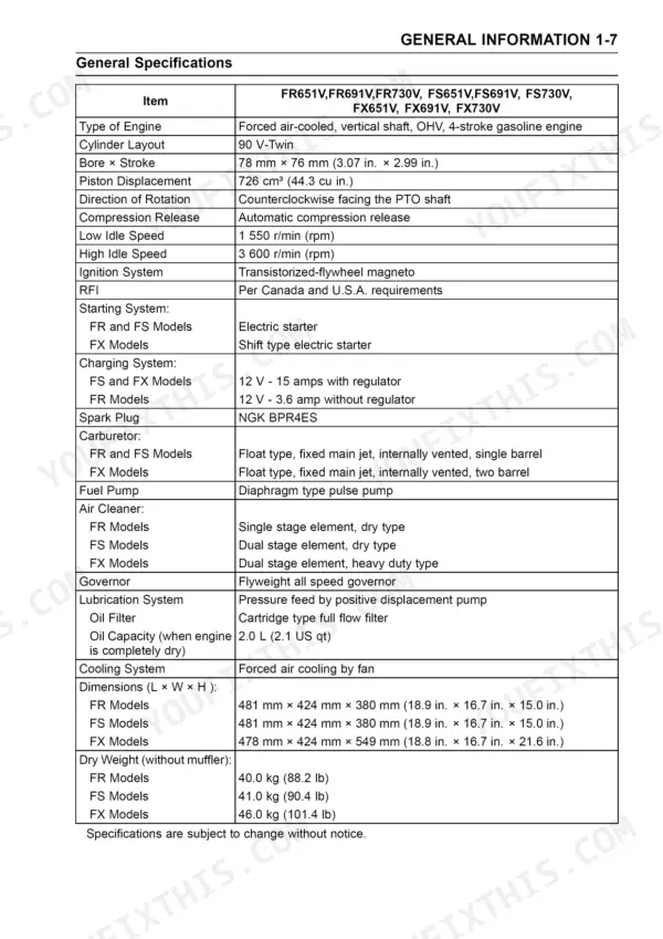 Kawasaki FR651V, FR691V, FR730V, FS651V, FS691V, FS730V, FX651V, FX691V, FX730V general engine specifications table.