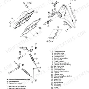 Kawasaki MULE 1000, KAF450-B1 exploded view of engine top end, cylinder head, camshaft, valves, and chain components.