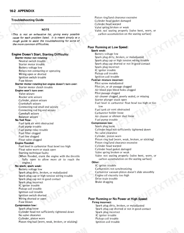 Kawasaki MULE 1000, KAF450-B1 troubleshooting guide for engine starting, low speed, and high speed performance issues.