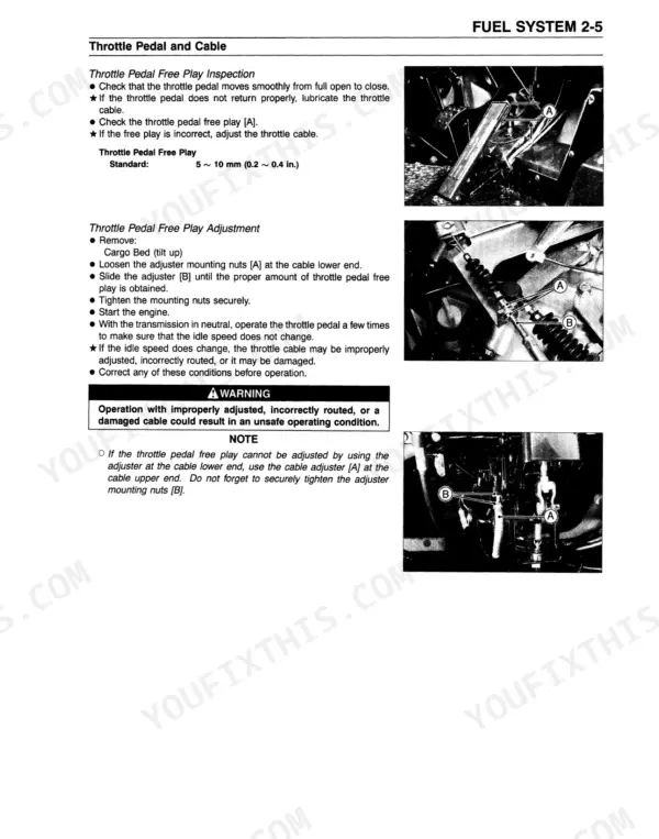 Kawasaki Mule 3000, 3010, 3020 (KAF620) throttle pedal and cable adjustment procedures.