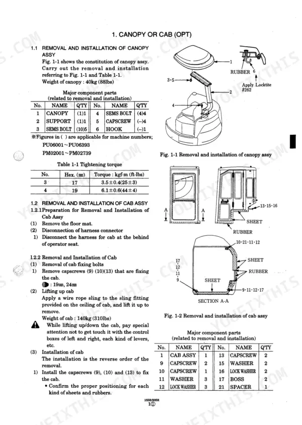 Kobelco SK15SR, SK20SR canopy and cab removal and installation procedures, torque tables, and component diagrams.