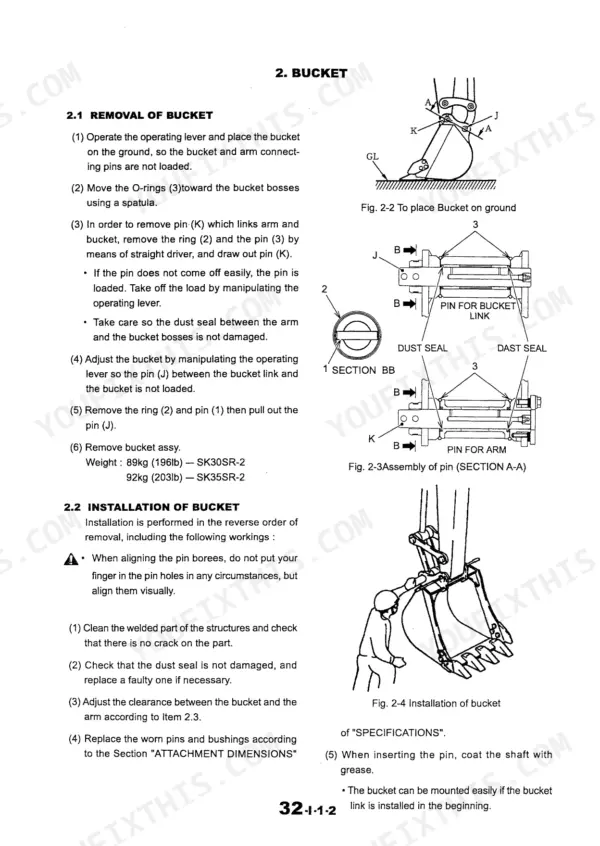 Kobelco SK30SR-2, SK35SR-2 bucket removal and installation procedure with pin and dust seal assembly diagrams.