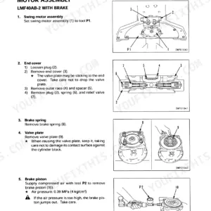 Komatsu PC75UU-2 swing motor LMF40AB-2 disassembly procedure, including end cover, brake spring, valve plate, and piston removal.