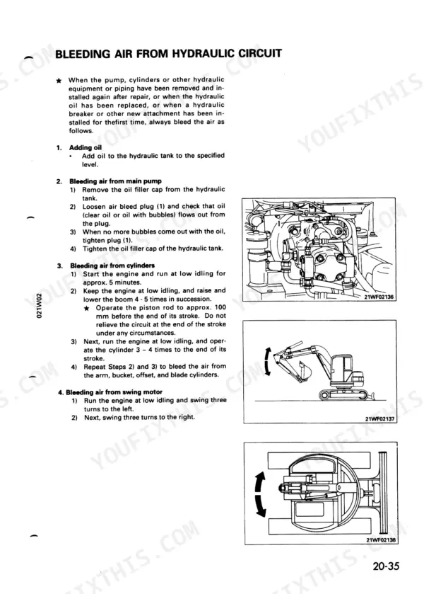 Komatsu PC75UU-2 service manual page for bleeding air from hydraulic circuit, pump, cylinders, and swing motor.