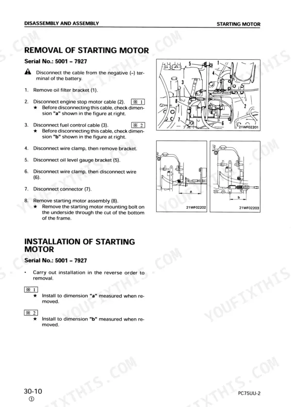 Komatsu PC75UU-2 starting motor removal and installation procedure with component diagrams and cable adjustment dimensions.