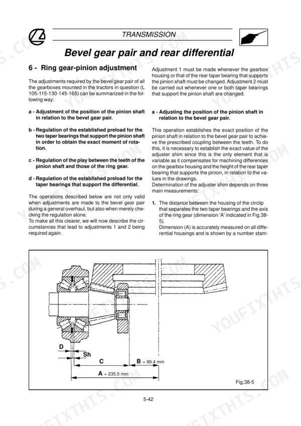 Landini 105-165, Legend 105-165 manual: ring gear-pinion adjustment procedure and differential bevel gear diagram.