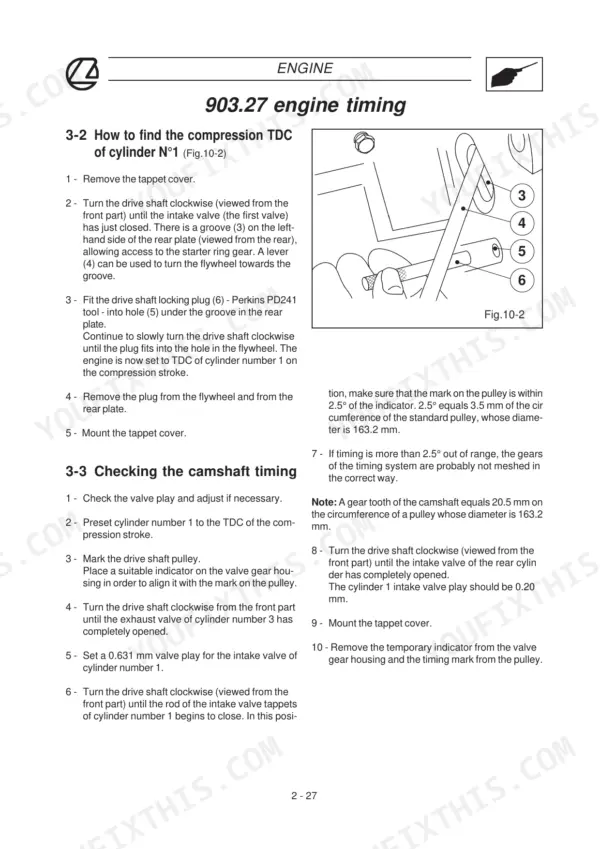Landini 5860-8860 Evolution engine timing procedures, finding TDC cylinder 1, and checking camshaft timing instructions.