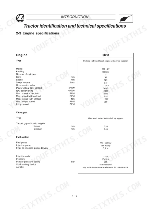 Landini 5860, 7860, 6860, 8860 Evolution, 60 Series engine specifications table for Perkins 903-27 diesel engine.
