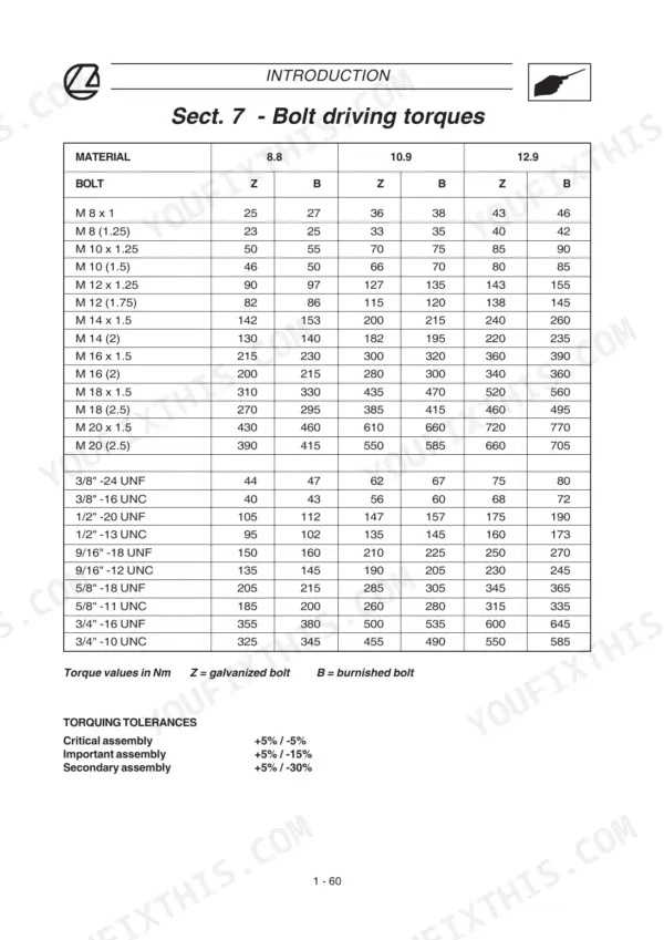 Landini 5860, 7860, 6860, 8860 Evolution, 60 Series bolt driving torque specification table and assembly tolerances.