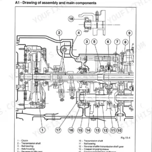 Landini Atlantis 70-100, Ghibli 80-100 engine-gearbox axle assembly diagram showing clutch, transmission shafts, and gears.